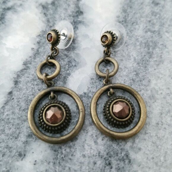 Boho Circular Drop Post Earrings, Brown Rhinestones, Neutral Tones - Picture 1 of 5